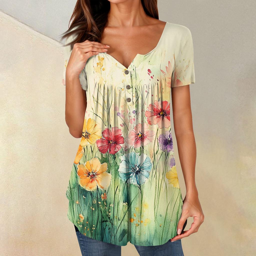 Women Tunic Tops Dressy Casual Summer Short Sleeve Shirts Loose Fit Pleated Boho Top