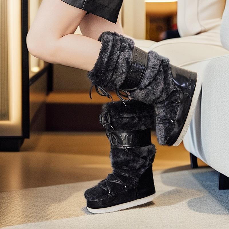 Модные водонепроницаемые женские зимние сапоги 2025 года, новые, с утолщенным тепловым рукавом, хлопковые сапоги, нескользящие и износостойкие луноходы