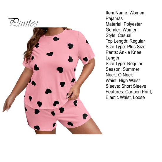 2 шт./компл. женские летние пижамы с мультяшным принтом в виде сердца, футболка с круглым вырезом и короткими рукавами, шорты с эластичной резинкой на талии, женская одежда для дома больших размеров, комплект одежды для сна