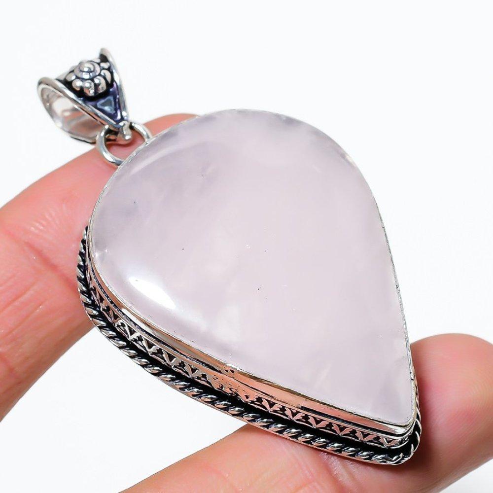 Rose Quartz Gemstone Handmade 925 Sterling Silver Jewelry Pendant 2.56" k5a12