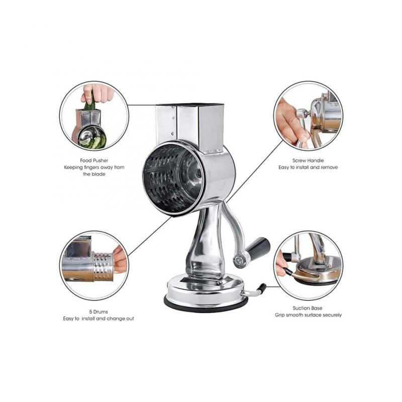 Сырная терка из нержавеющей стали с вращающимся измельчителем - 5 сменных лезвий, многофункциональная терка для сыра, овощей, орехов и фруктов
