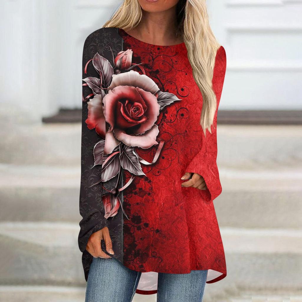 Women's Fashion Casual T-shirt Gradient Long Sleeve Round Neck Medium Long Top