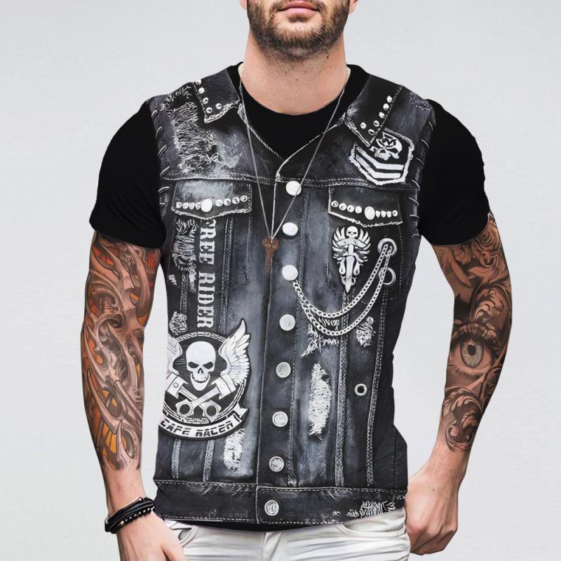 Джинсовая куртка с 3D-принтом, футболки для мужчин, свободная одежда с коротким рукавом, кожаная печать, круглый вырез, винтажная летняя байкерская куртка