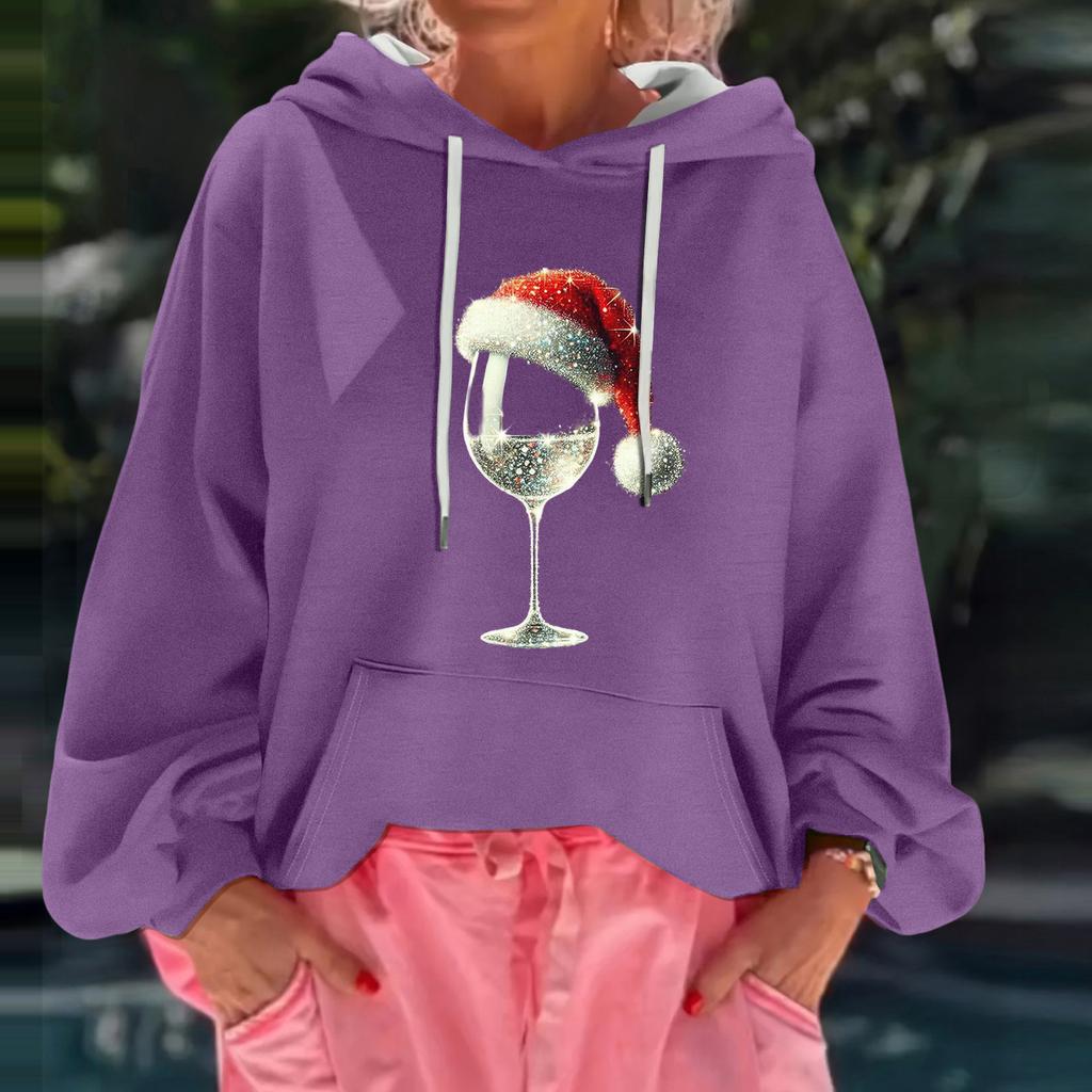 Women's Christmas Print Loose Casual Long Sleeve Hooded Sweatshirt