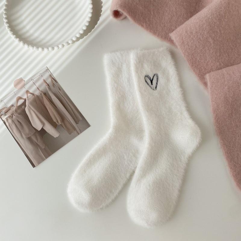 Love Embroidered Imitation Mink Fur Cutesocks for Children's Autumn and Winter Collection Medium Tube Socks Thick Plush Postpartum Socks