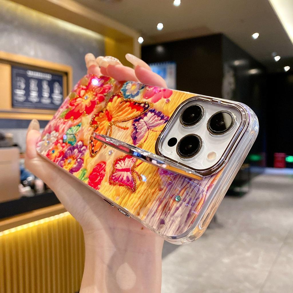 Applicable To IPhone16 Oil Painting Rose Mobile Phone Case Apple 15Pro Flash Powder Lens Film Stand 14 Protective Cover
