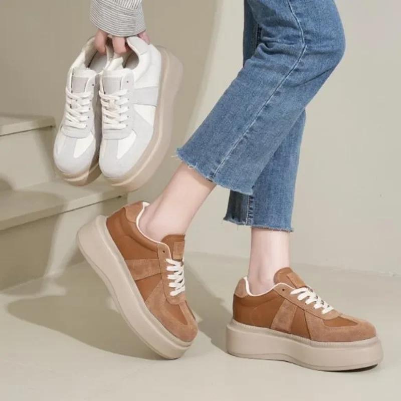 6CM Genuine Leather Women Casual Women Fashion Sneakers Chunky Shoes Spring Autumn Shoes Super Thick Platform Wedge Skateboard