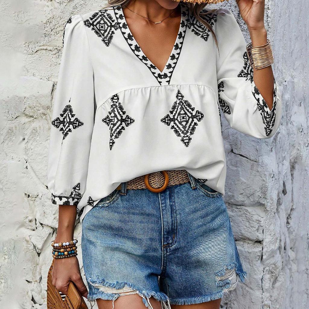 Женский модный повседневный топ с v-образным вырезом и семью рукавами с принтом