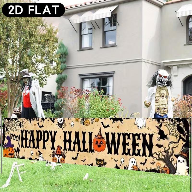 Happy Halloween Pennant Flag, Pumpkins Ghosts Bats Skulls Design, Polyester Outdoor Garden Celebration Decoration