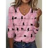Cute Cat Print V Neck T-shirt Casual Long Sleeve Top For Spring Fall Women's Clothing