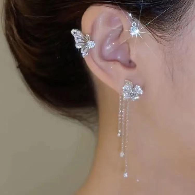 Серьги-клипсы с кисточками-бабочками без проколов ушей Женский темперамент Легкая роскошь Высокое качество Нишевый холодный стиль Ушные подвески Клипсы на козелок уха