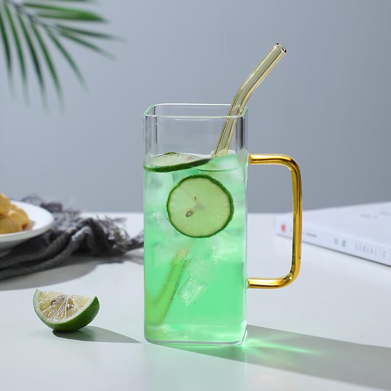 Shangqi 400ml Square Glass Tumblers with Bamboo Lid & Straw (2-Pack)