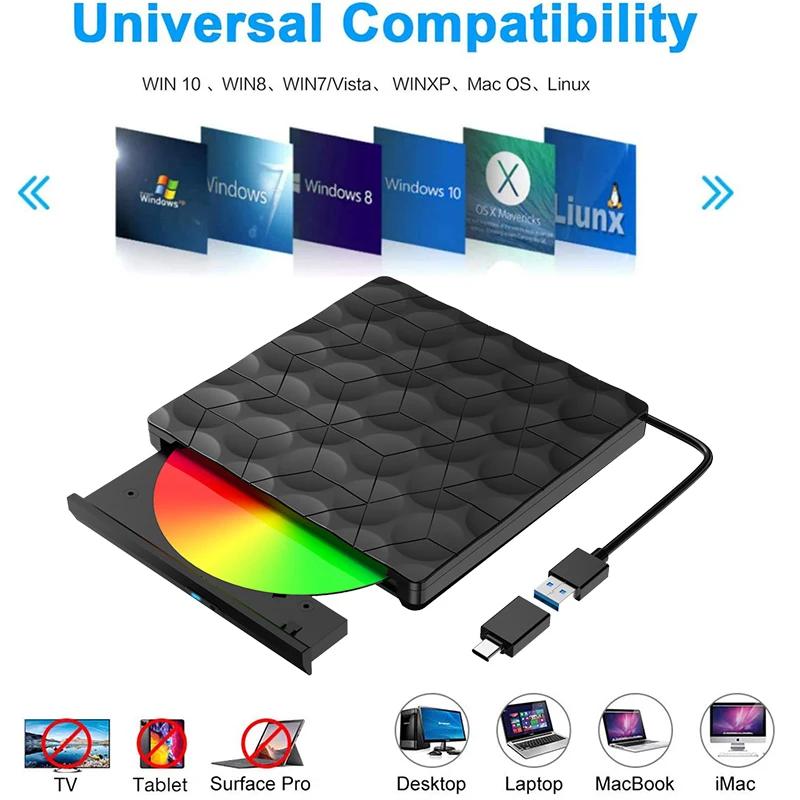 Внешний DVD-плеер USB3.0 Type-C CD VCD-рекордер и считыватель для ноутбуков, настольных ПК, Mac, Windows, Linux, iOS, медиаплееры Аудио Видео