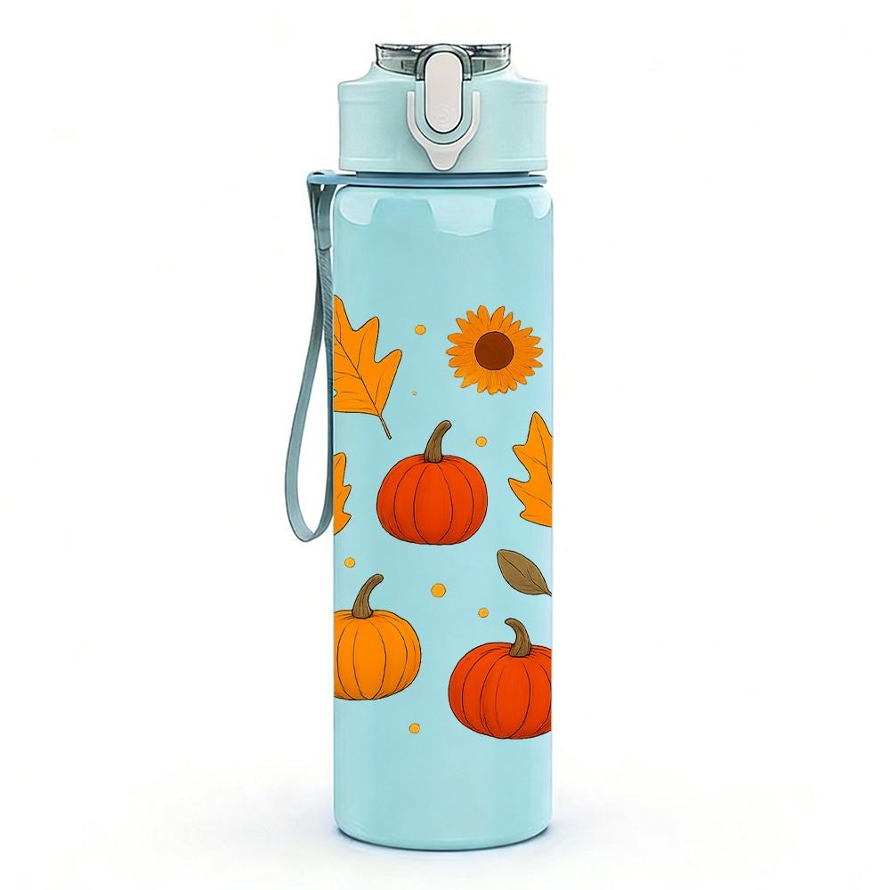 1PC Autumn Pumpkin Leaf Harvest Pattern 750ml Color Plastic Sports Water Bottle Leakproof Flip Straw Lid Suitable for Sports Office Home Use