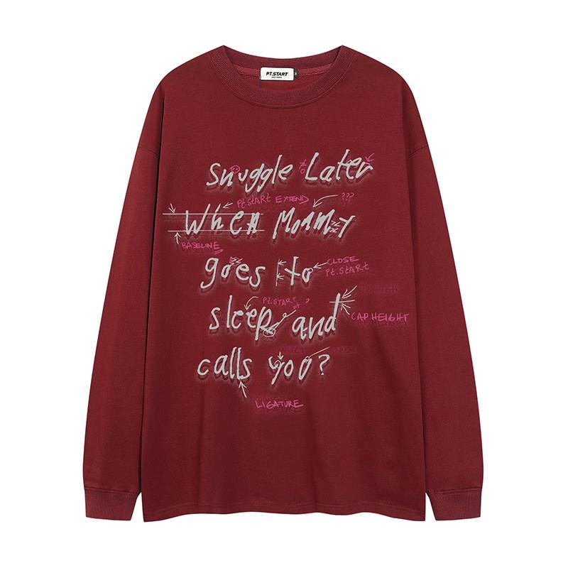Unisex Oversized Cotton Long Sleeve Tee With Letter Print Round Neck Streetwear Casual Top Fall
