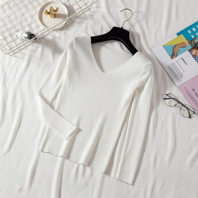 Autumn and Winter V-neck Long Sleeve Knitted Sweater Women Fashion Slim Fit Warm Base Sweaters Women Elegant Solid Casual Lady Knitwear Jumpers 25488