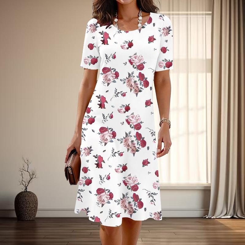 Women's Fashion Graceful Flower Print Summer Spring Short Sleeve O-Neck Casual Dresses
