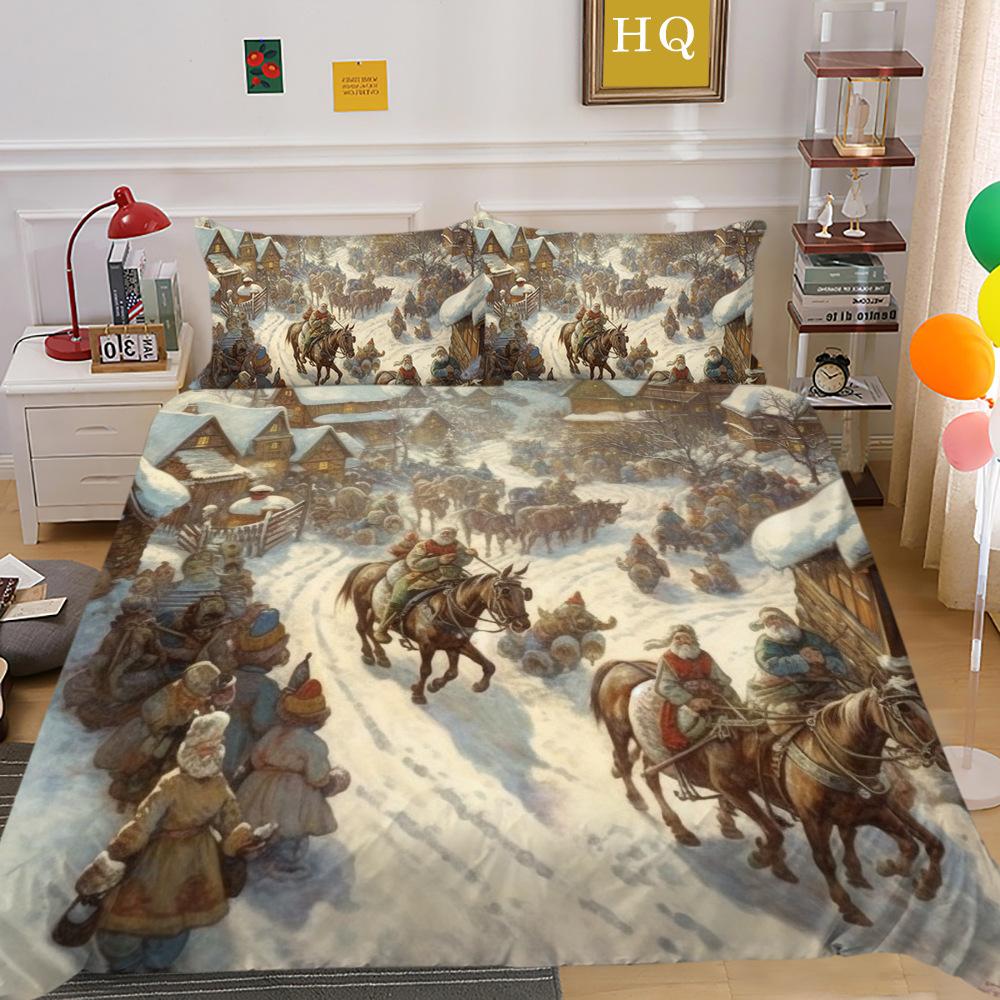 Рождественская карета, снежная сцена, 3D-принт, полиэстеровая наволочка, пододеяльник, набор из двух или трех предметов, можно