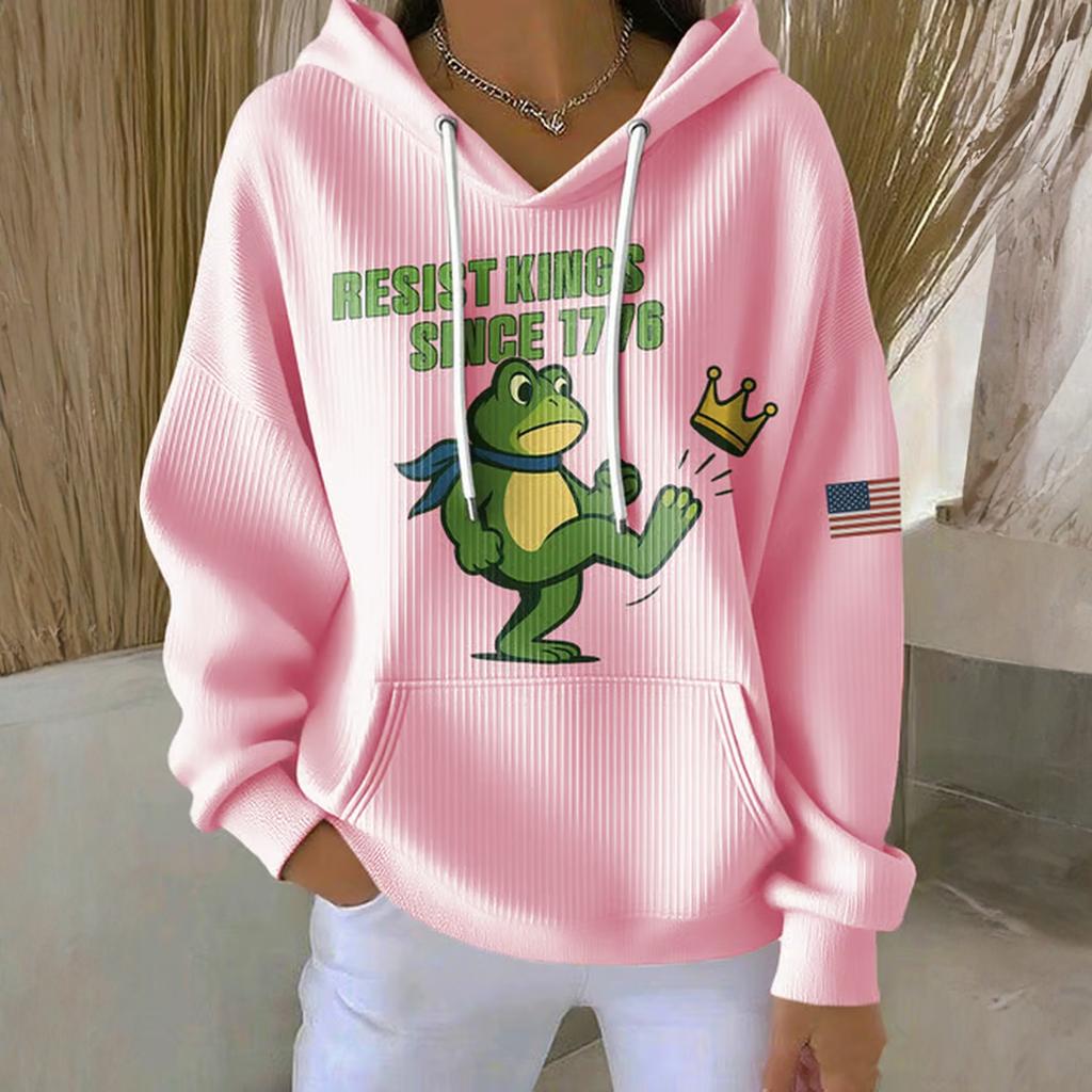 Женское свободное и удобное худи с принтом, V-образным вырезом и длинными рукавами на кулиске