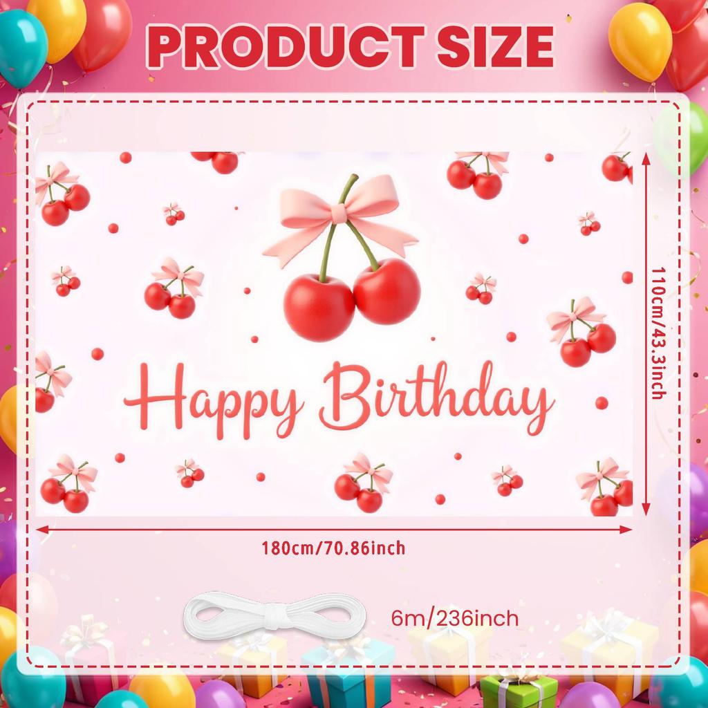 Баннер С Днем Рождения Милый Розовый Бантик Вишневый Узор Украшение для Вечеринки в честь Дня Рождения Задний План Фруктовая Тема Фотофон для Съемки