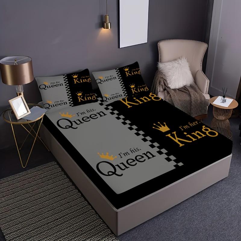 Комплект простыней на резинке с принтом Queen King Golden Crown Couple, 1 простыня на резинке + 2 наволочки, чехол для матраса, мягкий дышащий комплект постельного белья