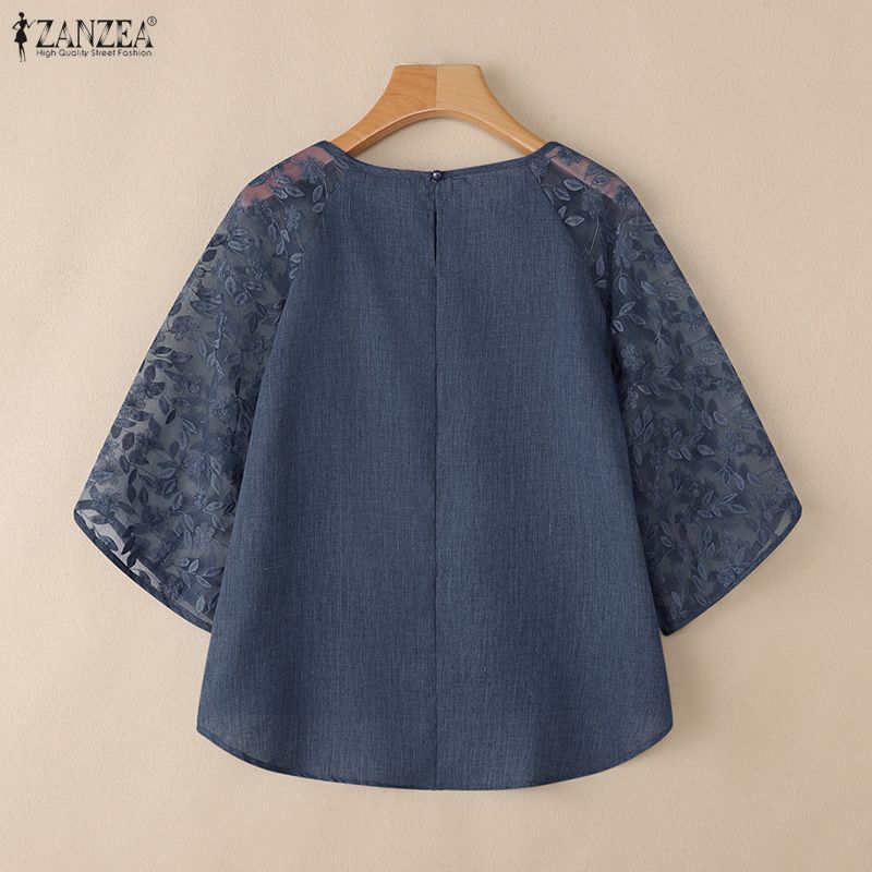 ZANZEA Женская повседневная блузка с сетчатыми вставками, рукавом 3/4, свободного кроя, с круглым вырезом
