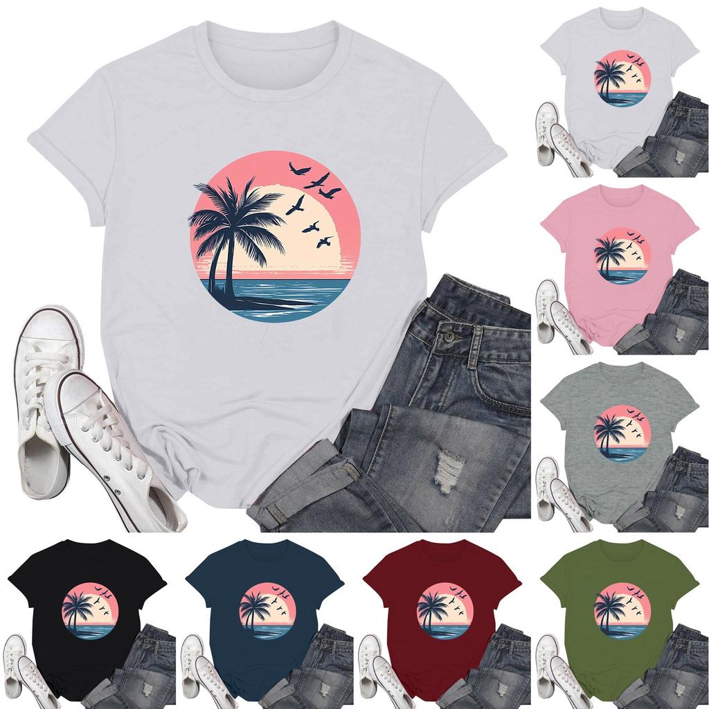 Women's Fashion Casual Printed Short Sleeve Round Neck Pullover Tops