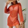 Summer Sexy Bikini Cover Up O-neck Long Sleeve Crochet Beach Dress Solid Color See-through Hollow Swimsuit Cover Up