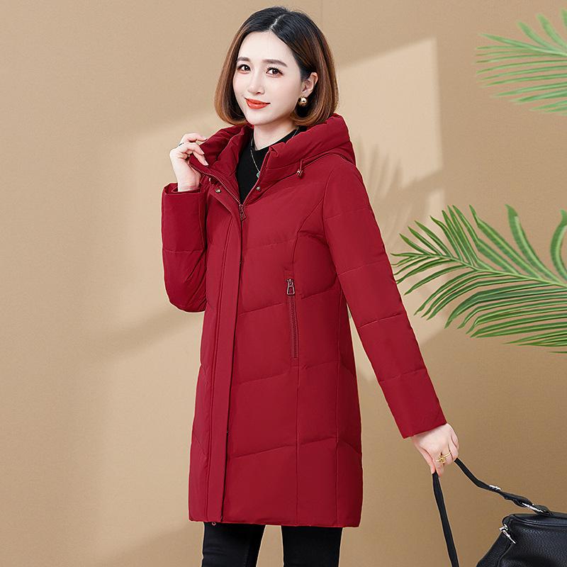 Женский пуховик средней длины из пуха белой утки 2025: Высококачественное приталенное теплое пальто с капюшоном для мам среднего возраста