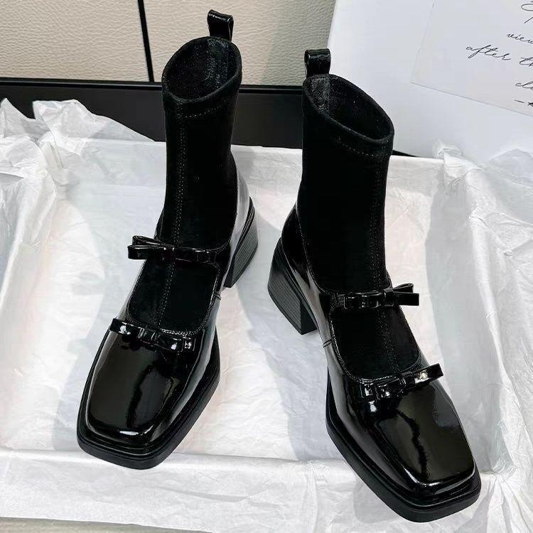 Hepburn style one-pedal bow elastic thin boots splicing Mary Jane socks boots thin thick heel short boots women