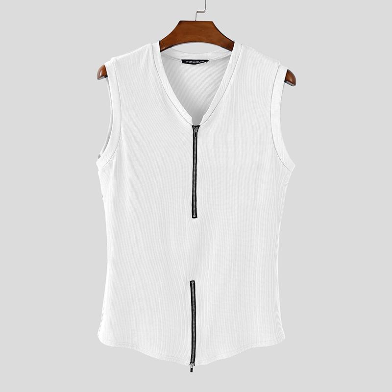INCERUN Мужские майки без рукавов с V-образным вырезом, однотонные, на молнии, повседневные, в рубчик