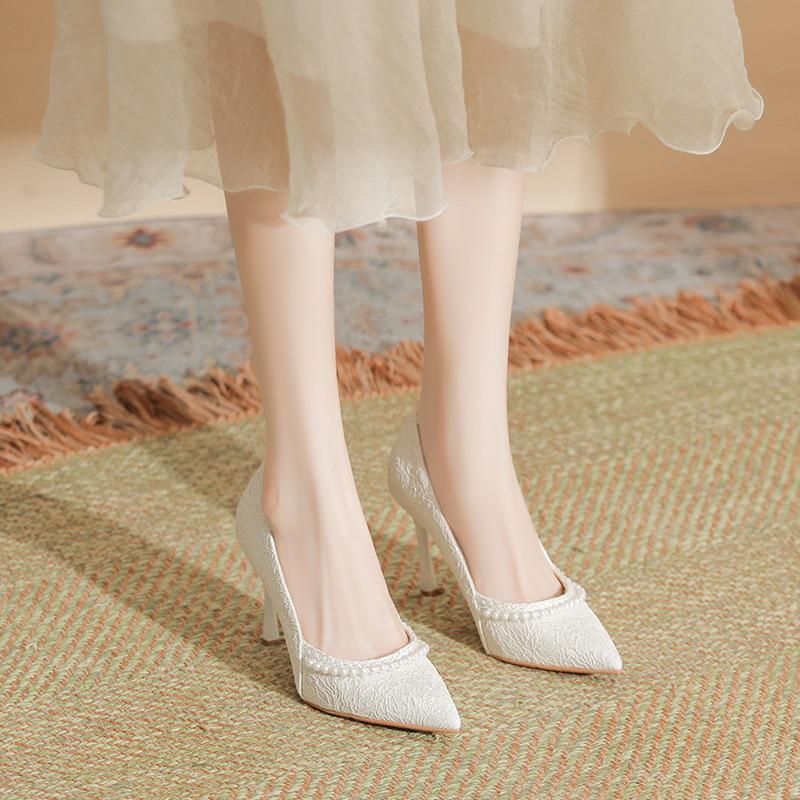 Женские туфли на высоком каблуке Новые жемчужные кружевные туфли на высоком каблуке Женские туфли на тонком каблуке С острым носком Подружки невесты Однотонные Большого размера Свадебная обувь