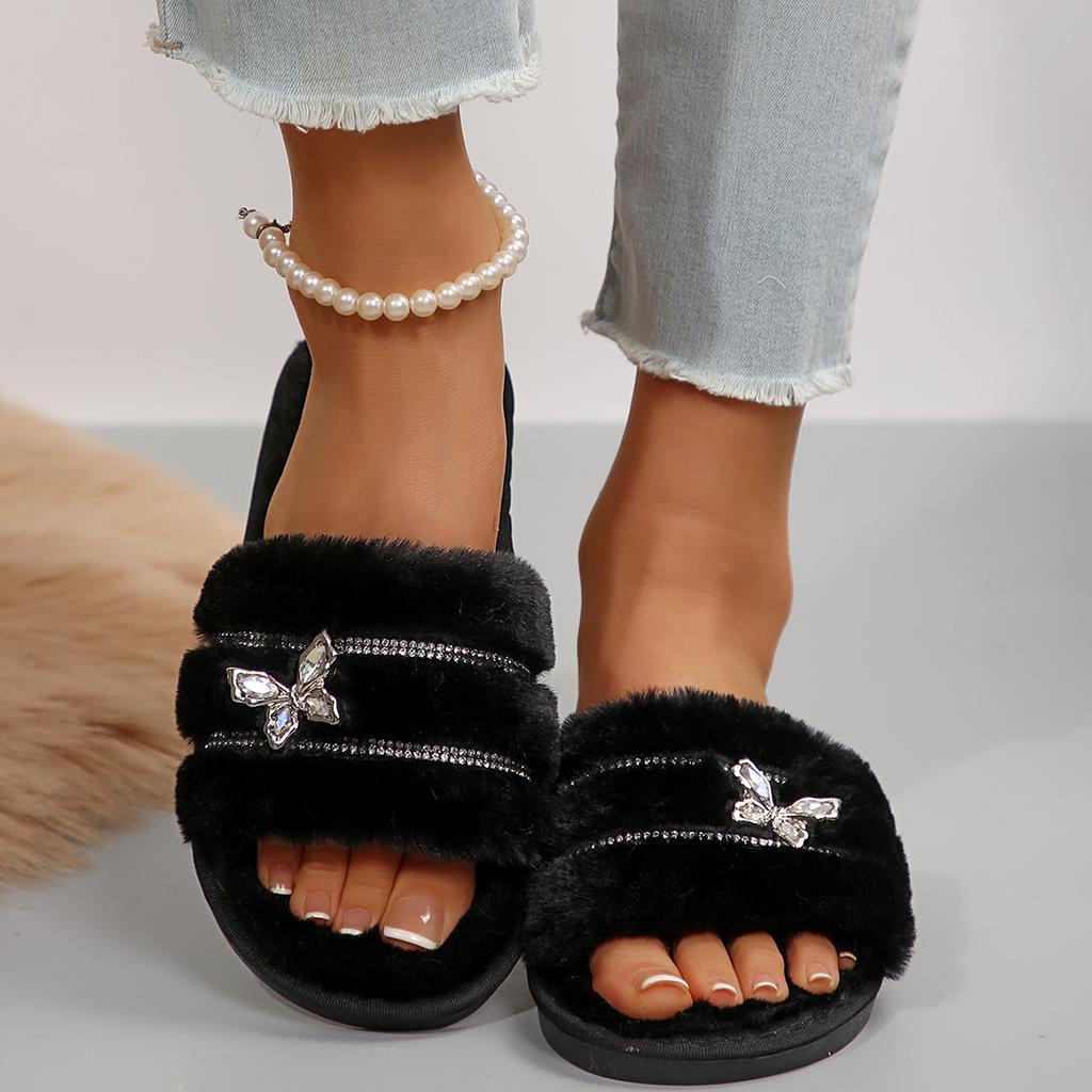 Warm Furry Slippers Women Thick Fluffy Fur Slippers Butterfly Crystal Rivet House Flip Flops Home Slides Flat Indoor Floor Shoes