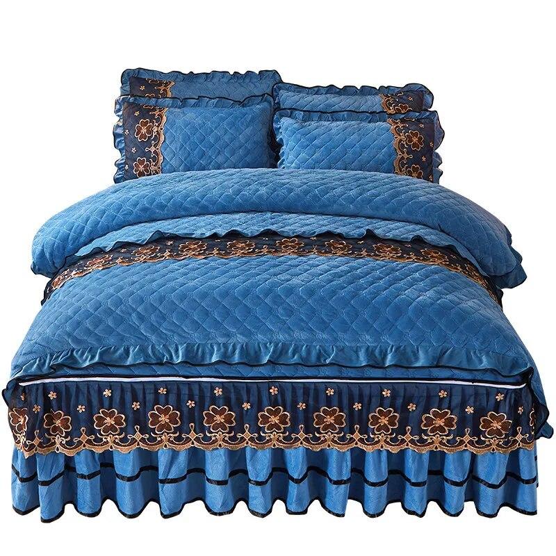 Стеганый бархатный комплект постельного белья Queen King Size, двуспальная кровать, пододеяльник, кружевная юбка на молнии, европейские однотонные 2 наволочки