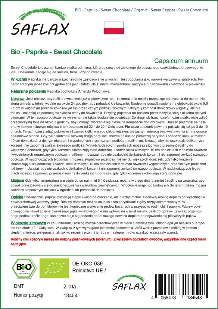 SAFLAX Garden in the Bag - Органический - Сладкий перец - Сладкий шоколад - 10 семян - С субстратом в подходящем пакете - Capsicum annuum