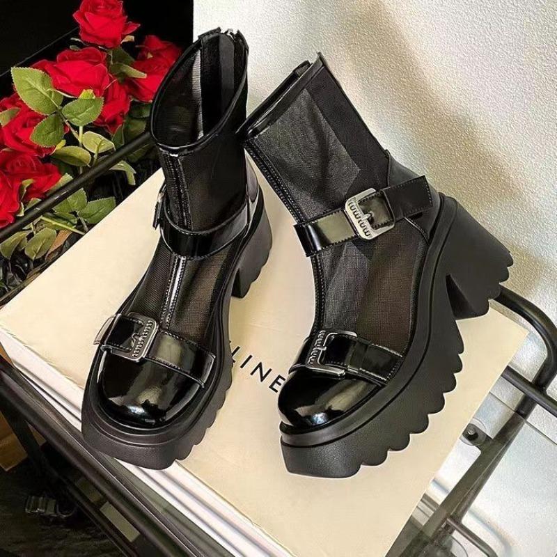 2024 Лето Новые толстые каблуки Высокий каблук Hollow Cool Boots Женские сетчатые сапоги Толстая подошва Короткие сапоги