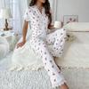 Women's Cherry Print Pajama Set Short Sleeve Button Front Top Long Pants Sleepwear Set Lace