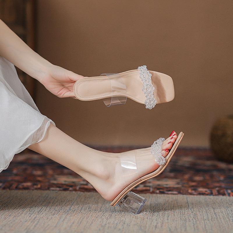 Модные прозрачные ПВХ сандалии женские на высоком блочном каблуке шлепанцы туфли женские прозрачные на каблуке шлепанцы с двойным ремешком шлепанцы хрустальные сандалии