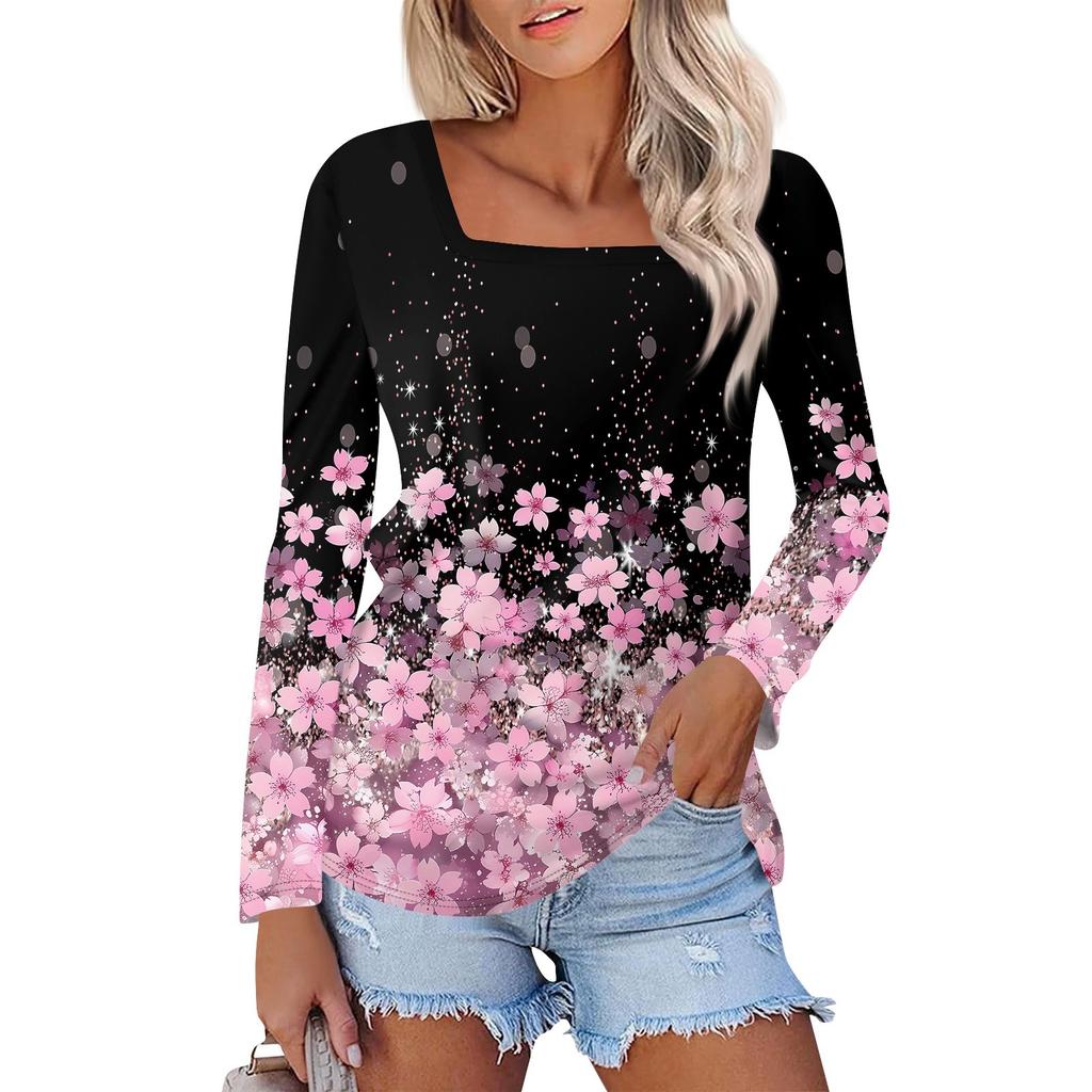 Рубашка для женщин, модная повседневная свободная футболка с квадратным вырезом и длинным рукавом с принтом, женский топ