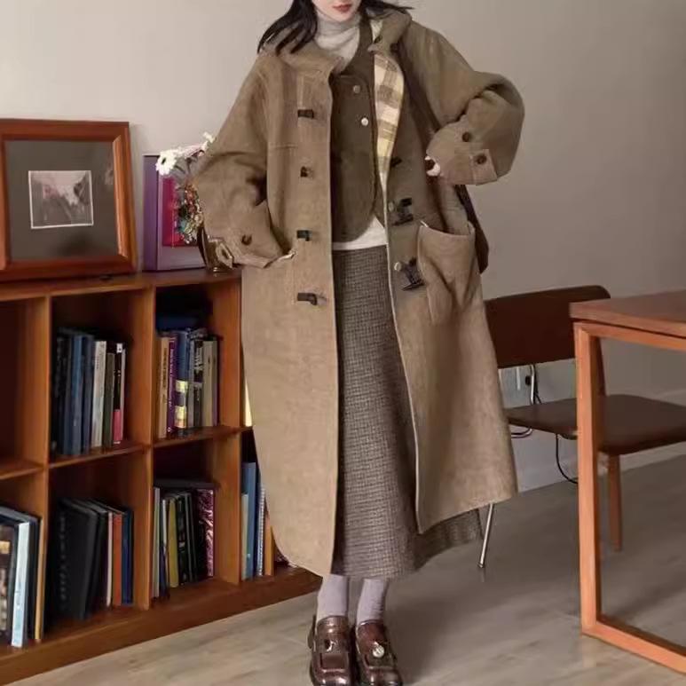 Осенне-зимнее ретро-пальто с капюшоном и роговыми пуговицами в клетку, двухстороннее шерстяное пальто, женское свободное двухстороннее шерстяное пальто