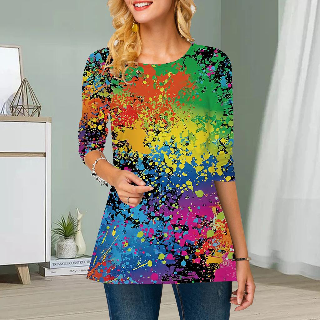 Плюс Размер Женский Цветочный Принт Круглый Вырез Повседневный Свободный Длинный Рукав Топ