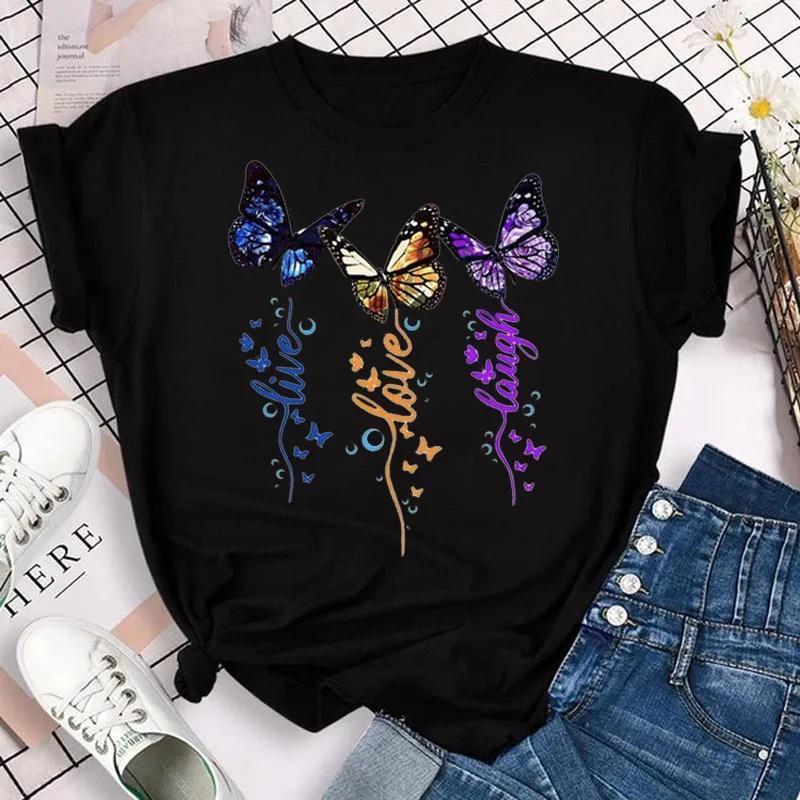 Colorful Butterfly Petal Print Women T-shirt Fashion Short Sleeve oNeck T Shirt Female Cute Cartoon Clothing
