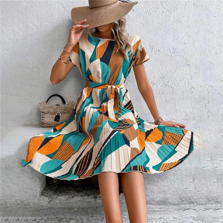 Women Summer Pleated Dress with Belt Round Neck Short Sleeve Medium Long