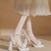 Лето 2025 новые сандалии с феей, складки, жемчужная пряжка, бант-лента, толстый каблук, темпераментный высокий каблук