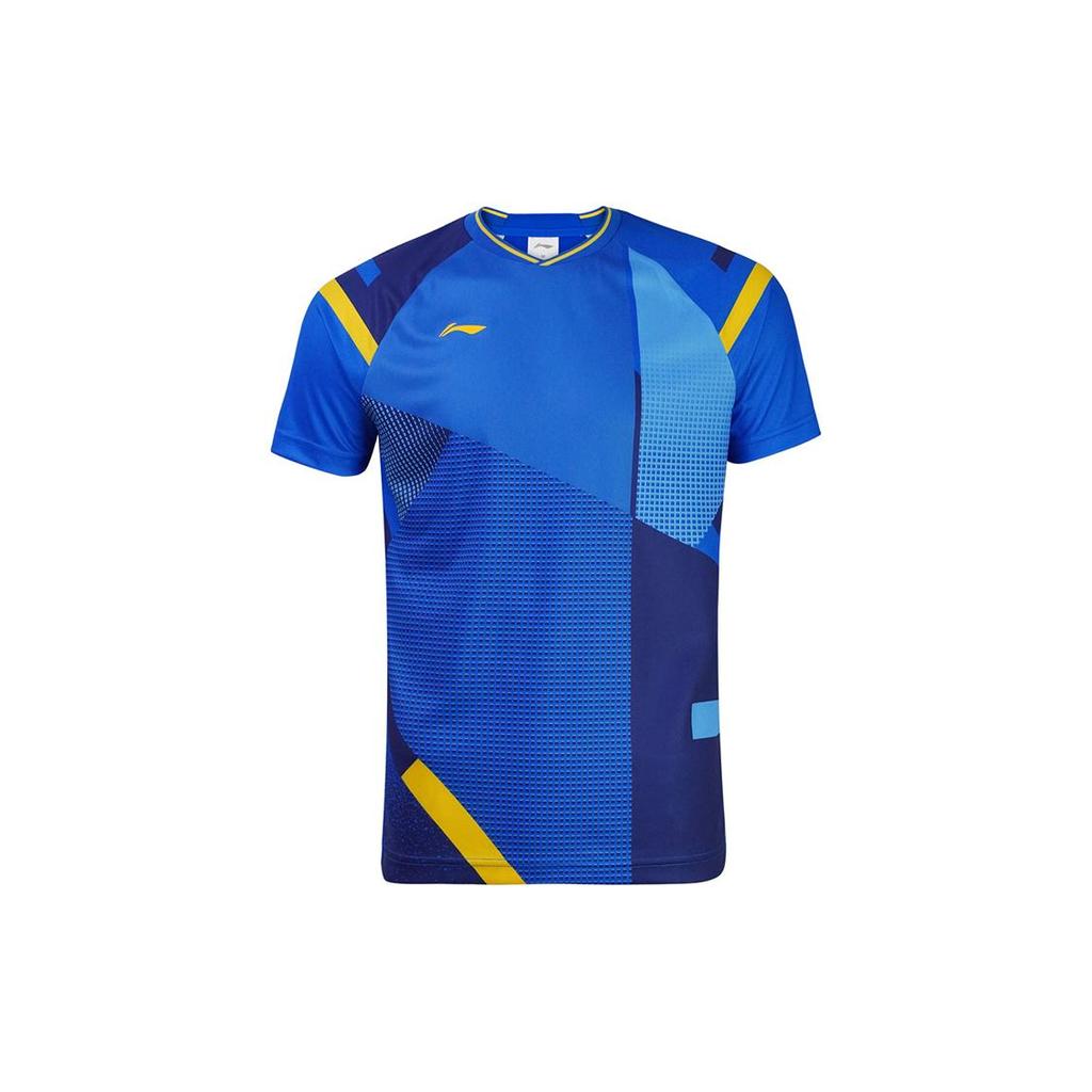 Мужские футболки Li Ning Синие с V-образным вырезом Средняя прямая посадка AAYR011-3