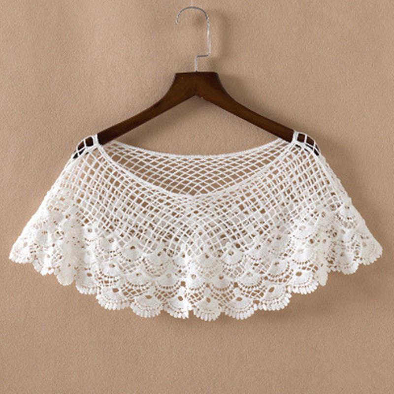 Women's Sweet White Hollow Crochet Lace Tassels Knit Wide Collar Cape Shawl EMA