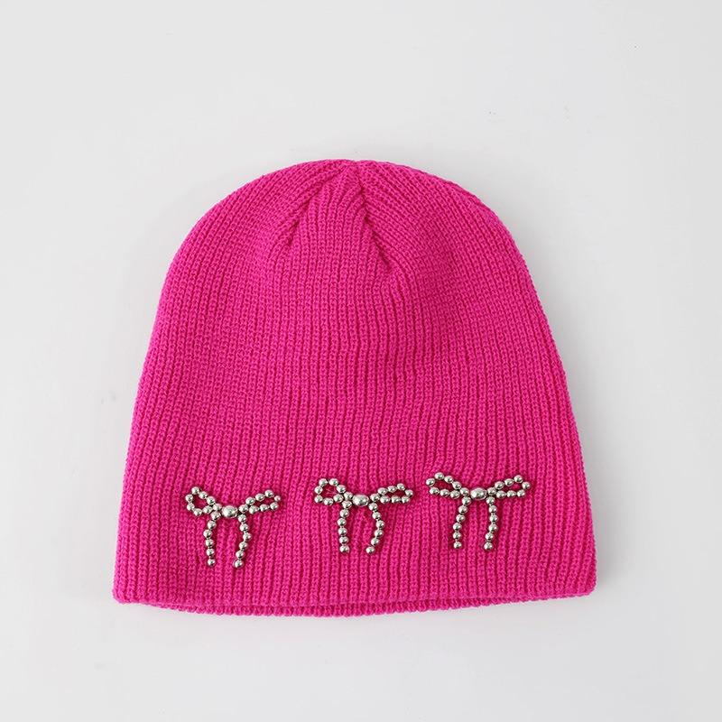 Шапка вязаная с жемчужным бантом для блогеров, женская зимняя однотонная, ветрозащитная и теплая, двухслойная, с защитой ушей, шерстяная шапка