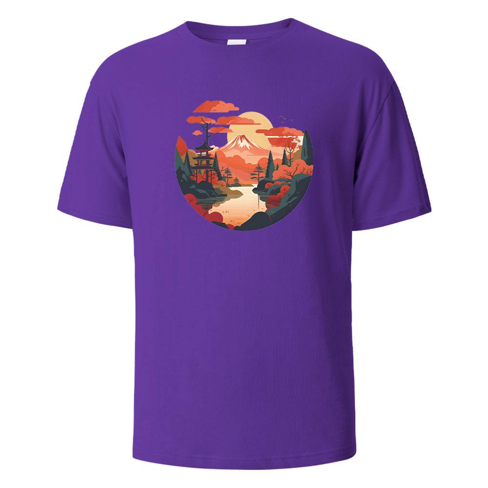 Mount Fuji Print TShirt Casual Short sleeved Streetwear Basic Tops Summer Tees For Men Women 100 Cotton Oneck Oversize