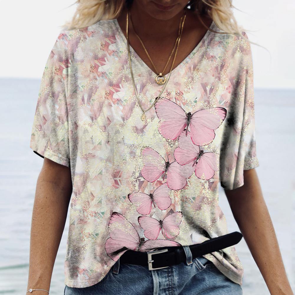 Женские футболки с v-образным вырезом, модные футболки с цветочным рисунком, летние короткие женские топы с принтом, повседневные футболки в стиле Харадзюку 5XL