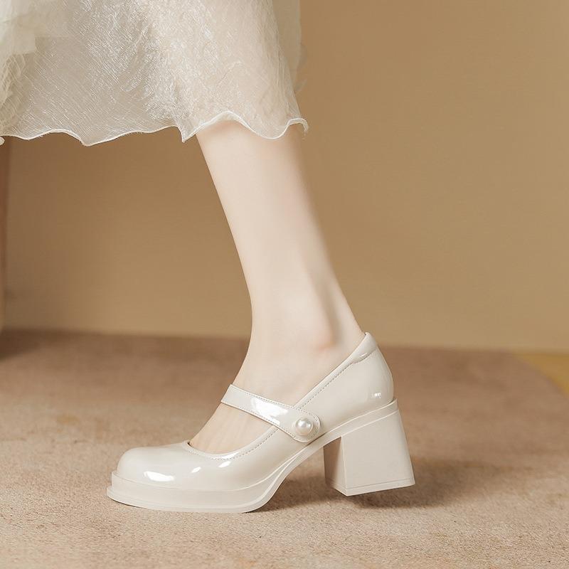 Mary Jane High Heels Spring and Autumn Word with Pearl Square Head Patent Leather Temperament Thick Heel Platform Single Shoes